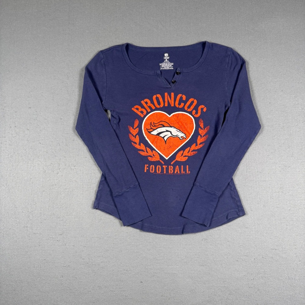 NFL Denver Broncos Henley Shirt Women Medium Blue Cotton Thermal Long Sleeve Tee